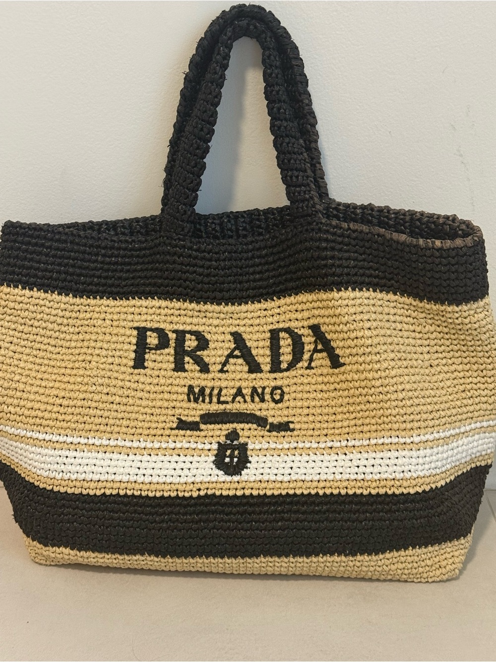 Prada Crochet Black, Tan & White Striped Tote